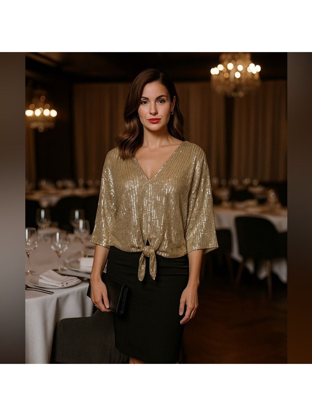 Belle by Kim Gravel Glam sequin tie knot blouse Neck XXS party event wedding